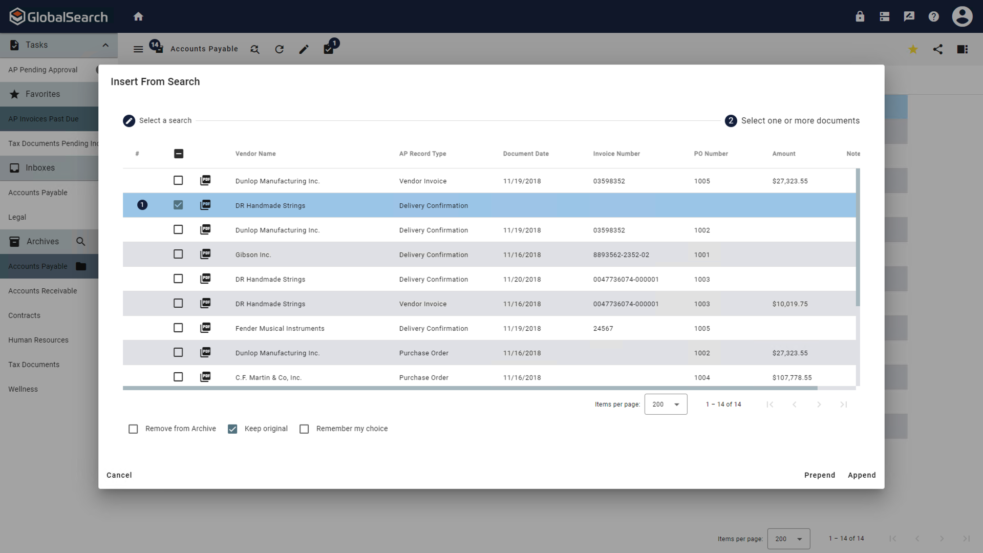 Select documents to append or prepend with additional options.