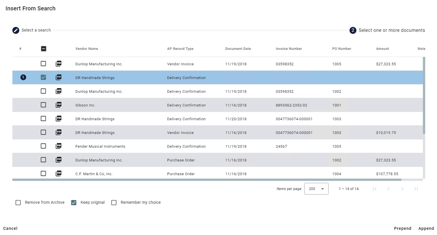 Select documents to append or prepend with additional options.
