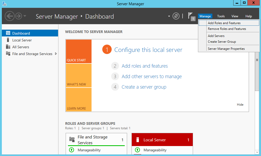 Windows Server Manager Manage menu.