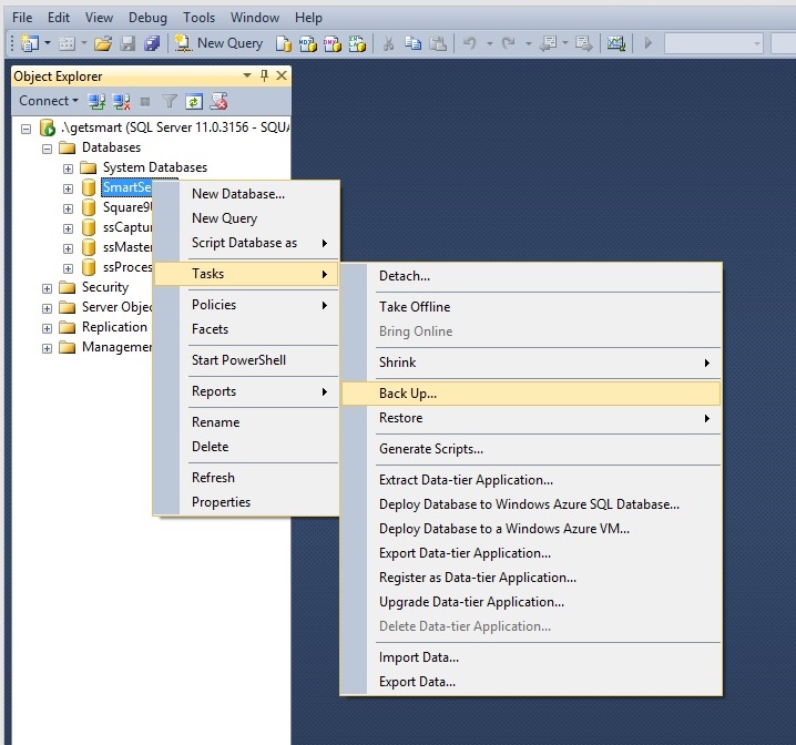 Task Back Up in Object Explorer.