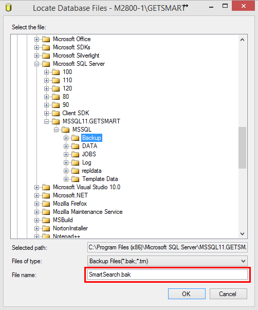 Backup settings in Locate Database Files Window.