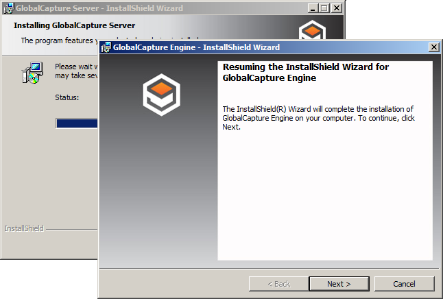 Shows the Resuming the InstallShield Wizard for GlobalCapture Engine dialog box.