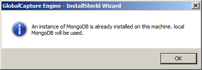 The Instance of MongoDB is Already Installed on the Machine dialog box.