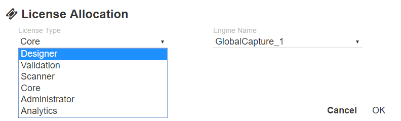 Shows the License Allocation interface with the menu list of available Core licesnses.