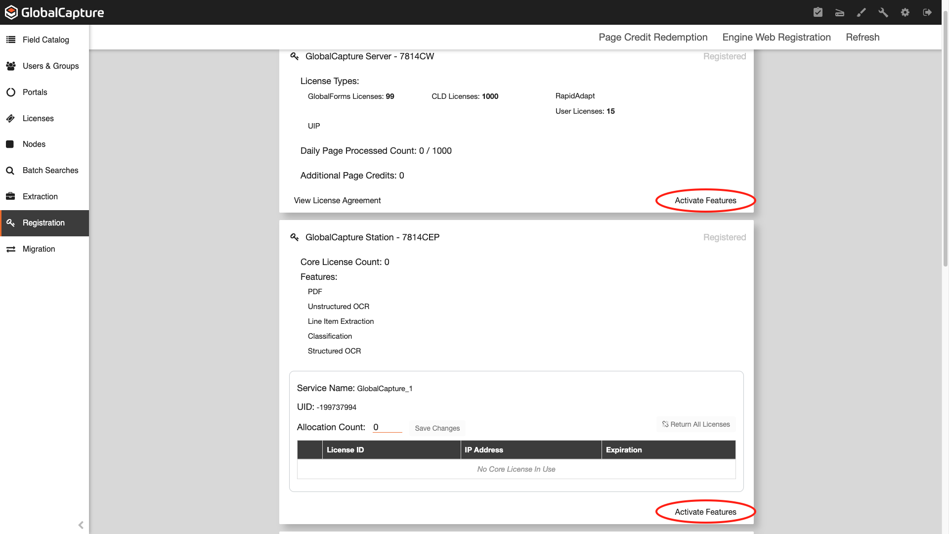 Activate new featuers using the activate features options for the globalcapture server and the globalcapture station.