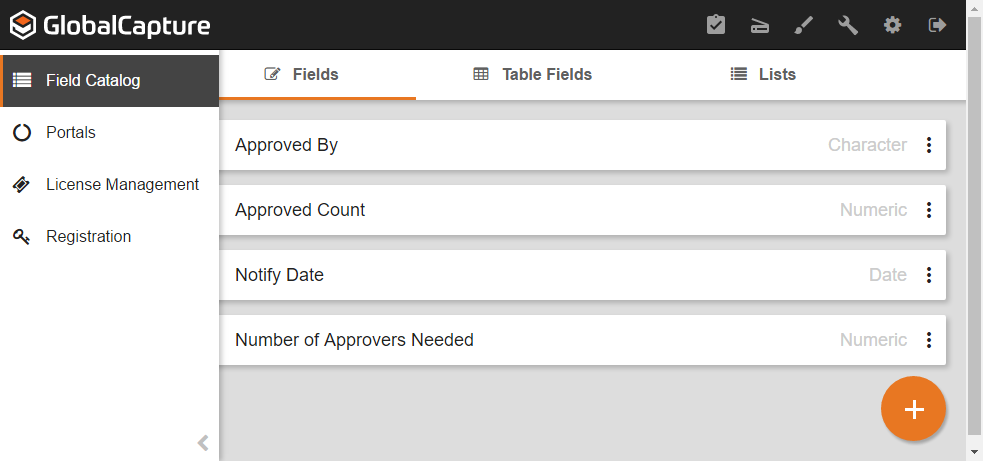 Shows the GlobalCapture Field Catalog interface.