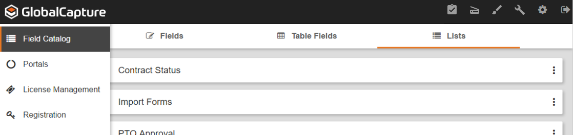 Shows the GlobalCapture Field Catalog interface with the Lists tab indicated.