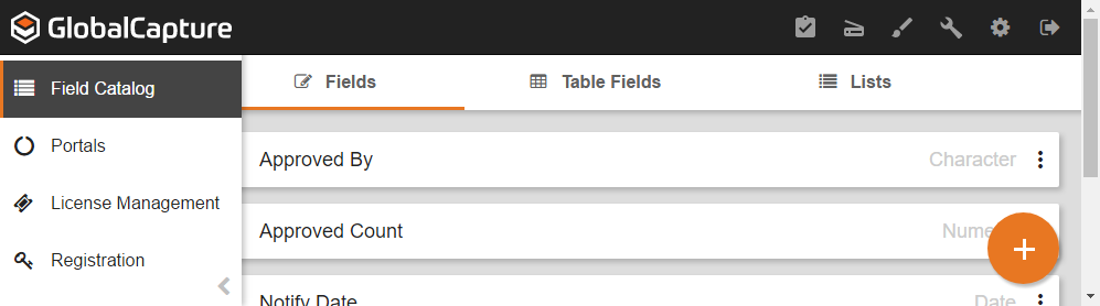 Shows the LField Catalog interface with the Fields tab indicated.