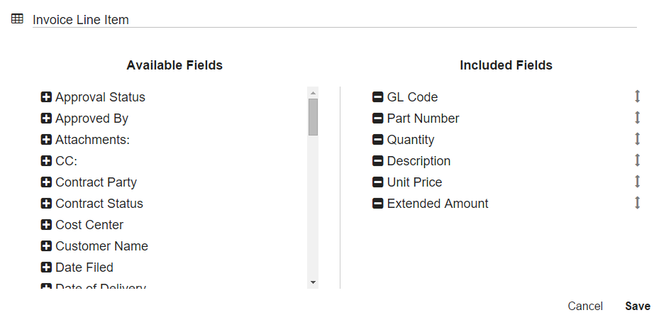 The Table Field dialog with an example set of Fields.