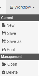 The Workflow Menu in the GlobalCapture Designer to open, delete, save, print, or start a new workflow.