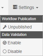Settings Menu in the GlobalCapture Designer with workflow publication and data validation states.