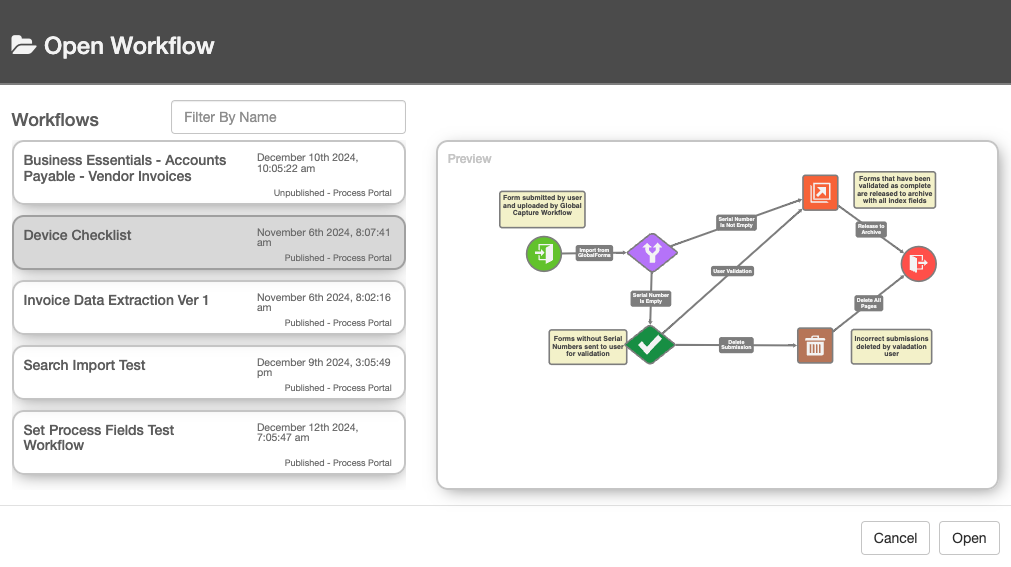 Select form the list of available workflows to open.