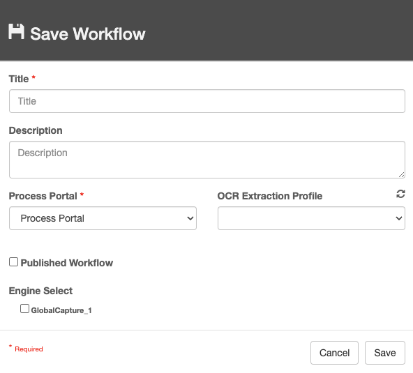 Save Workflow Dialog with title, description, process portal, extraction profile, publication status, and engine select.