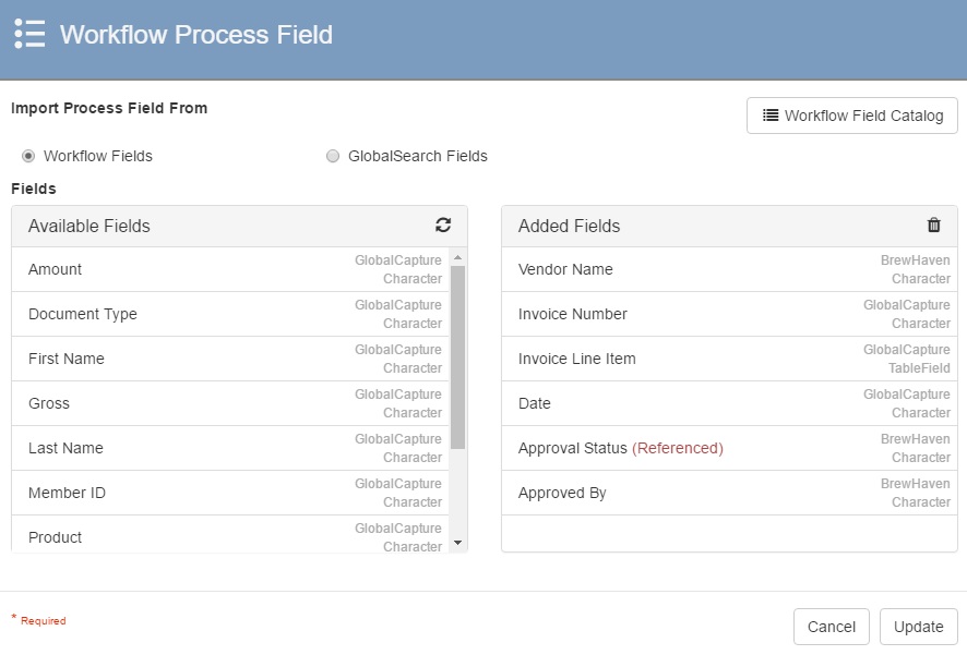 The Workflow Process Field interface with example Fields.