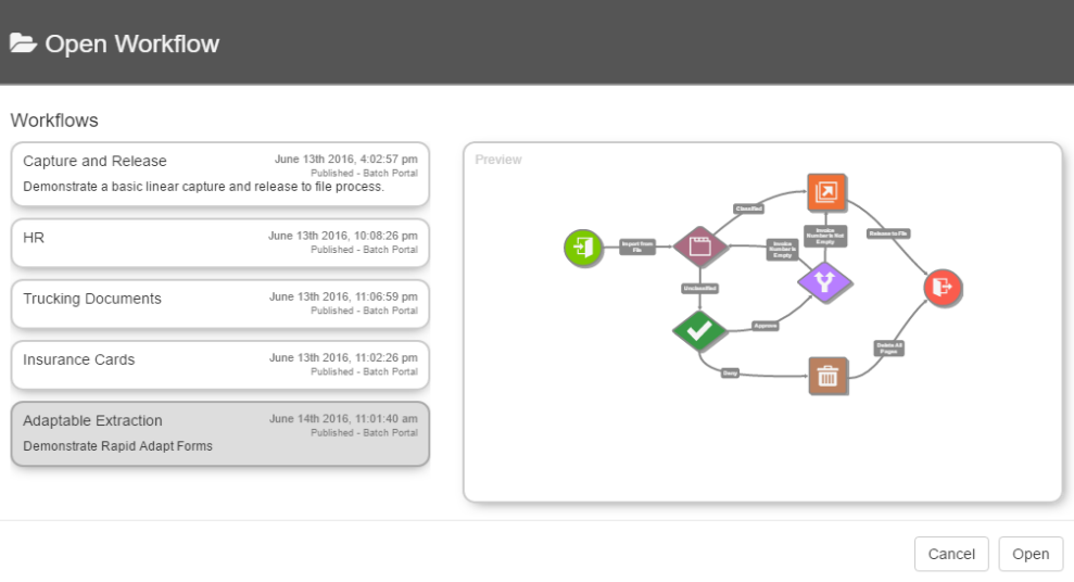 Open Workflow interface with example Workflows and the Open button indicated.