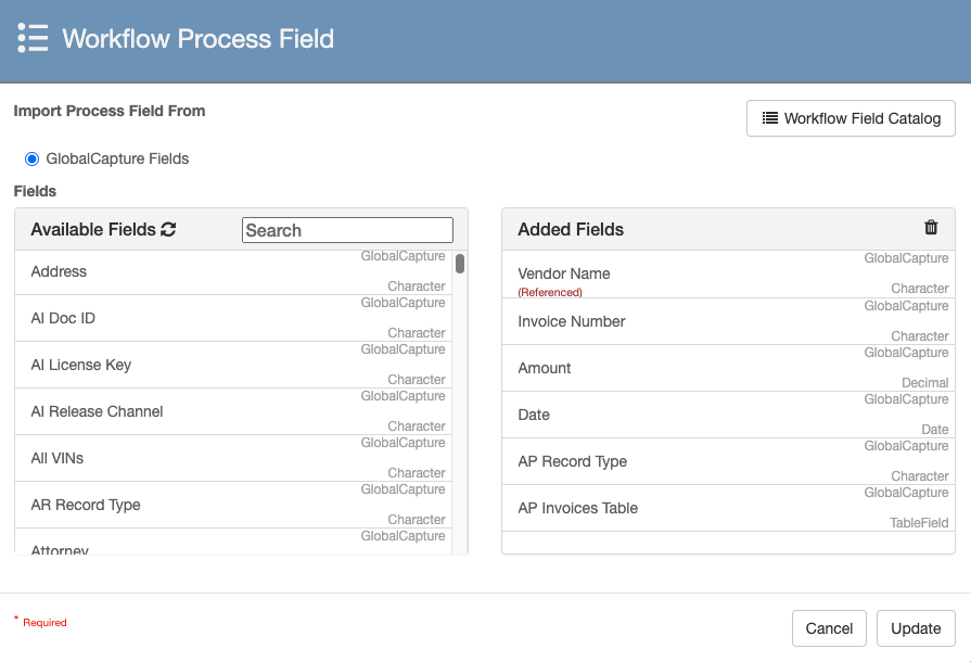 workflow process field dialog with vales in the available fields and added fields panes.