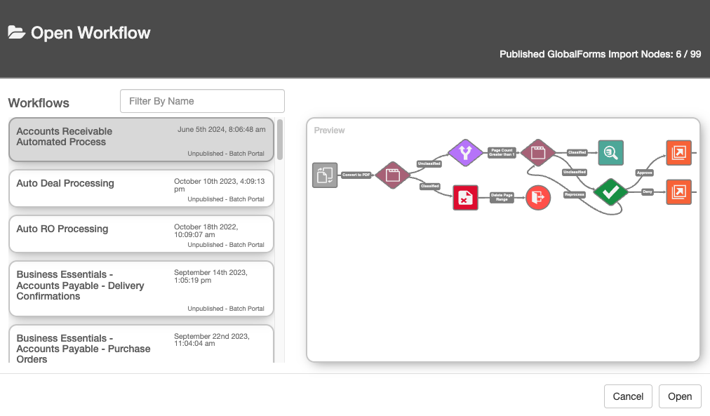 Open workflow dialog with a workflow selected and display in the preview window.