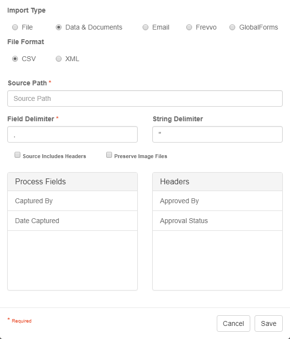 Import Node Settings dialog with File Format CSV selected.