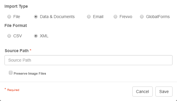 Import Node Settings dialog with File Format XML selected.