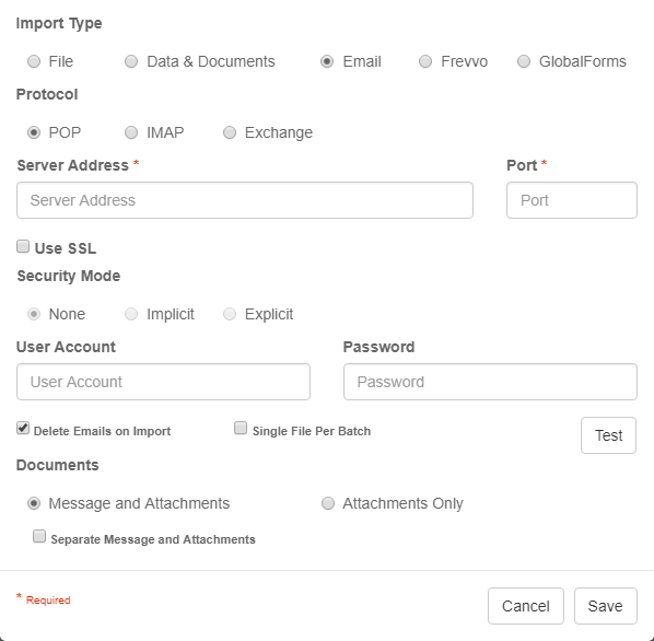 Import Node Settings dialog with Import Type Email selected.