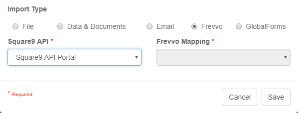 Import Node Settings dialog with Import Type Frevvo Forms selected.