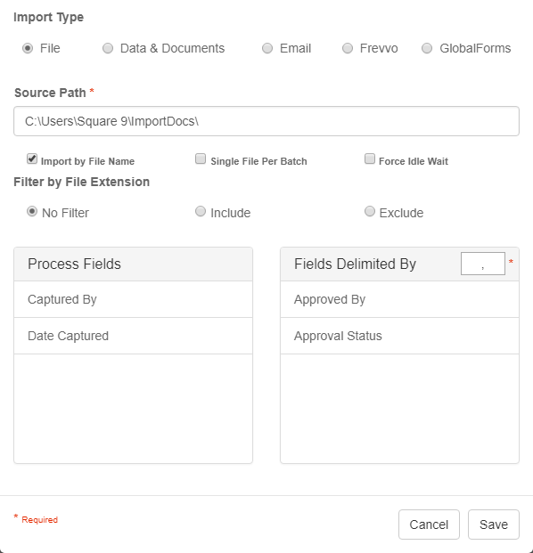 Import Node Settings dialog with Import by File Name selected.