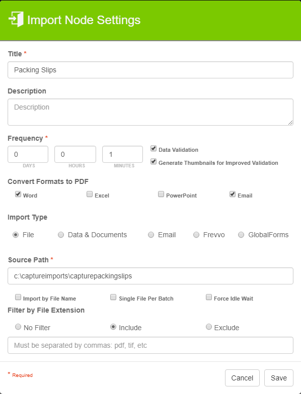 Import Node Settings dialog.