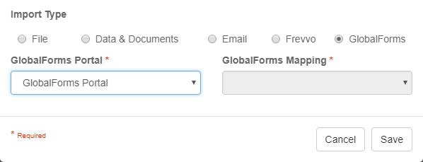Import Node Settings dialog with Import Type GlobalForms selected.