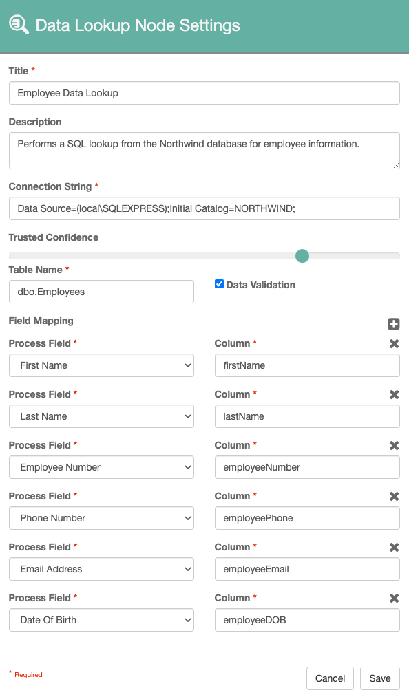 Data lookup node configured to pull last name and employee number and return additional data.