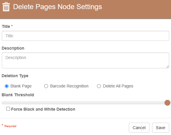 Delete Pages node settings with title, description, deletion type, and blank threshold.