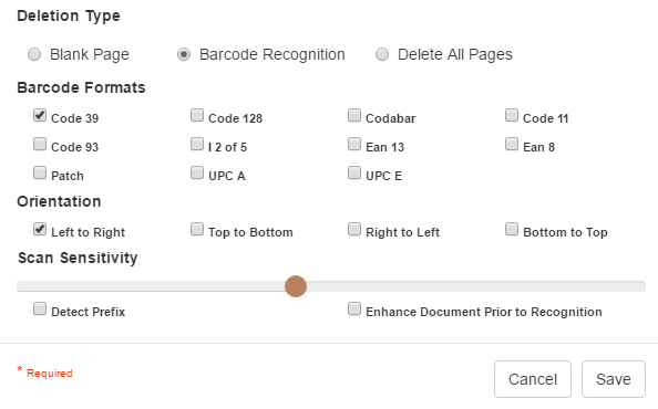 Delete Pages Node Settings dialog with Deletion Type Barcode Recognition selected.