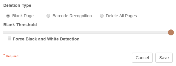 The Delete Pages Node Settings dialog box with Deletion Type Blank Page selected.