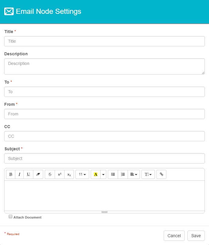 Email Node Settings dialog.