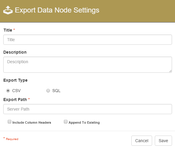 Export Data Node Settings dialog.