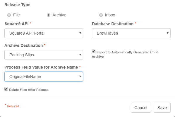 Release Node Settings dialog with Archive selected.