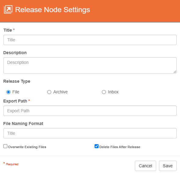 This image display the release node's properties when configured for releasing to an archive. this is available for on-premise solutions of globalcapture only.