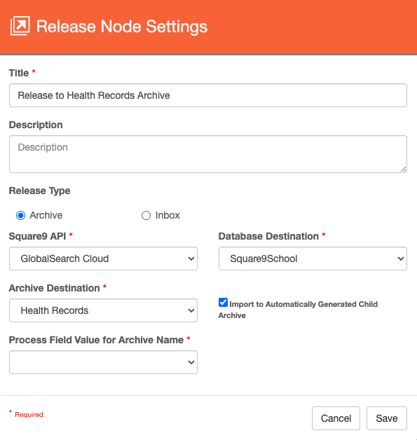 Release node settings with import to automatically generated child archive enabled displaying process field value for archive name list.