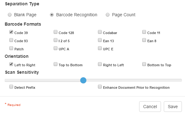 Separate Node Settings dialog with Separation Type Barcode Recognition selected.