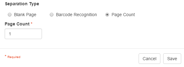 Separate Node Settings dialog with Separation Type Page Count selected.