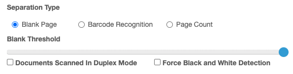 Blank page separation enabled with a blank threshold slider and additional options.