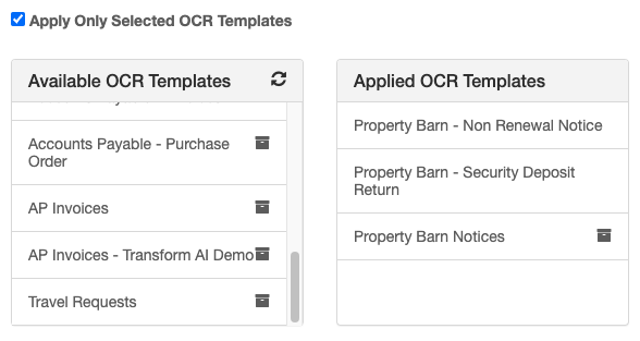 Apply only selected ocr templates enabled with multiple templates and a template group in the applied column.