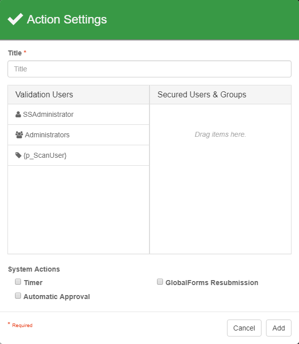 Validate Node Actions Settings dialog.