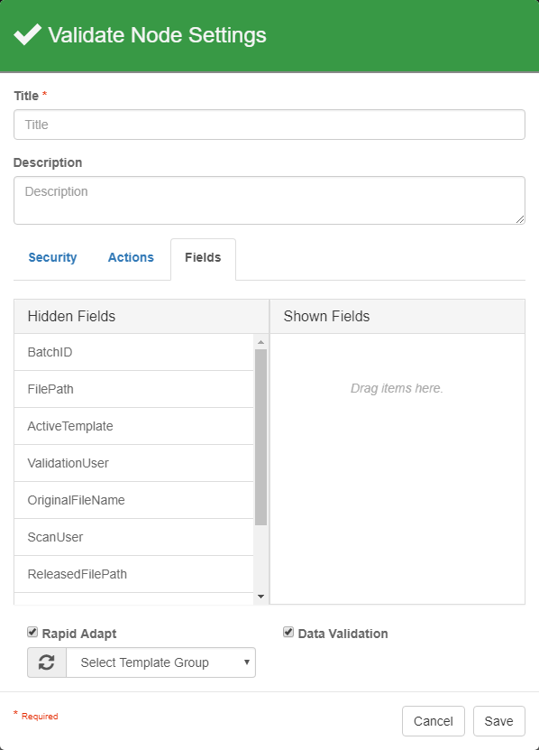 Validate Node Settings with the Fields tab selected.