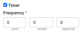 System action timer enabled with frequency settings for days, hours, and minutes all set to 0.