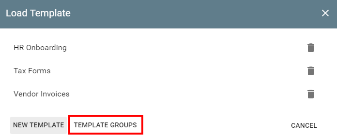 Load Template dialog with the Template Groups button indicated.