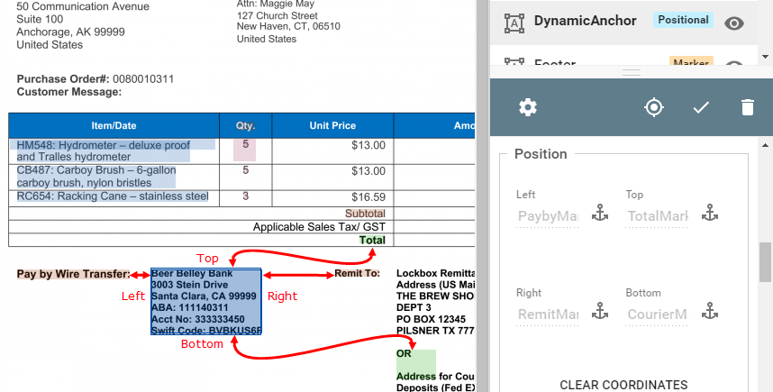 The Position Group in the Zone Properties Panel, comparing the Anchor settings with the Zone areas on the document.