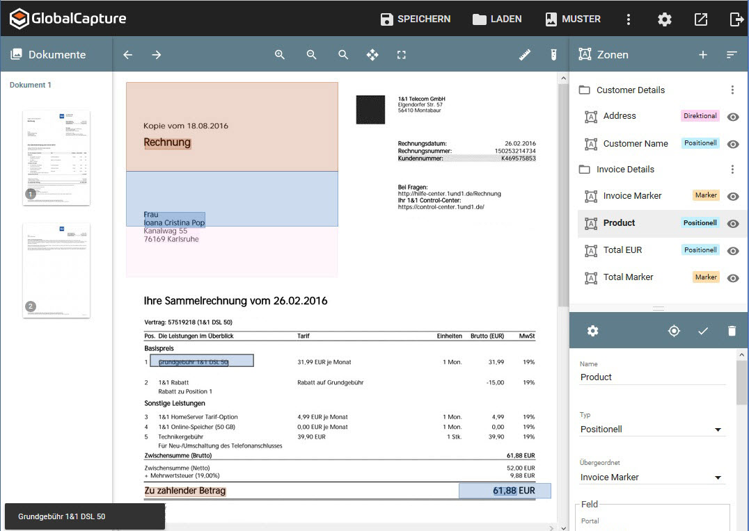 Shows the Template Designer with German assigned as the interface language.