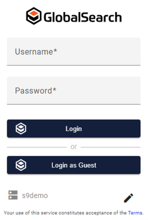 Login page with location for username and password or a button to login as a guest.
