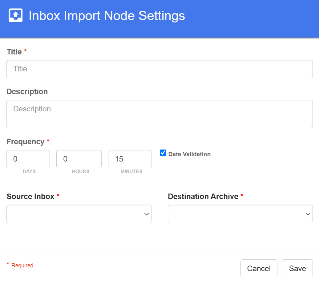 Inbox Import Node settings popup with configurable options for Title, Description, Frequency, Source inbox, and destination archive.