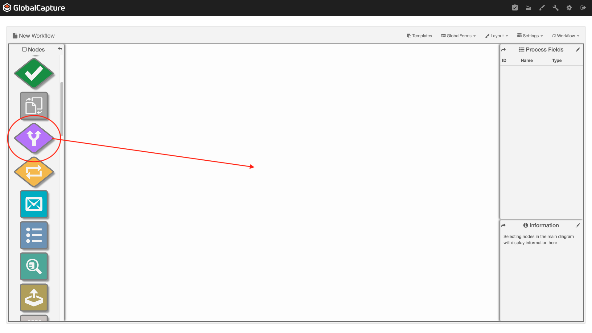 The GlobalCapture Design canvas with the Condition node highlighted to move to the design canvas.